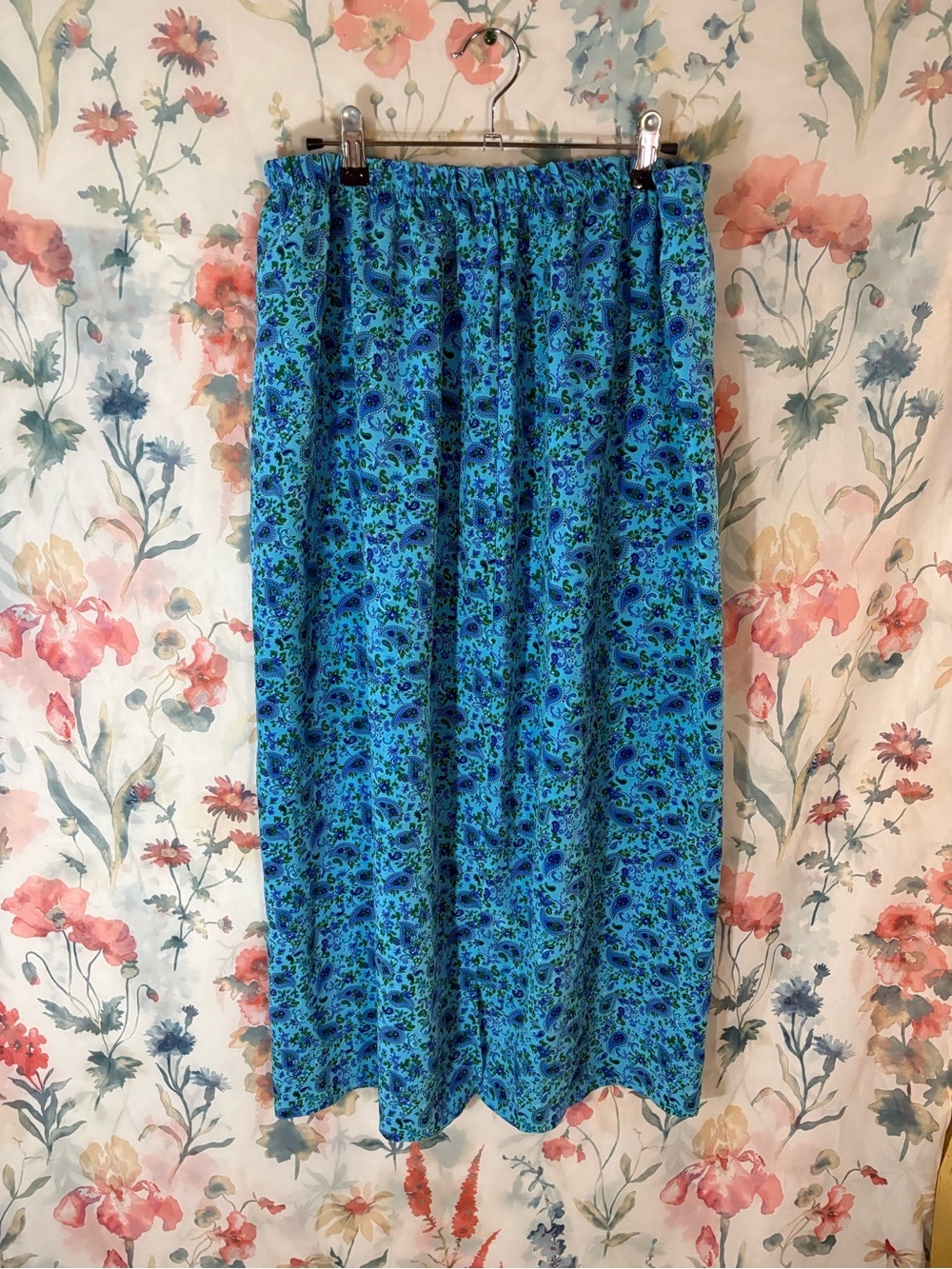 Vintage Blue Floral Elastic-Waist Maxi Skirt